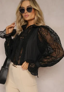 Czarna Koszula Ozdobiona Ornamentalną Koronką z Luźnymi Rękawami Eralla