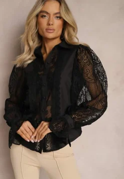 Czarna Koszula Ozdobiona Ornamentalną Koronką z Luźnymi Rękawami Eralla