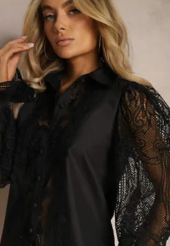 Czarna Koszula Ozdobiona Ornamentalną Koronką z Luźnymi Rękawami Eralla