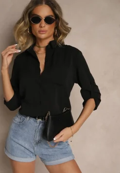 Czarna Koszula Ozdobiona Podwijanymi Rękawami Doviraella