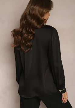 Czarna Koszula Satynowa z Cyrkoniami i Perełkami oraz Kołnierzykiem Dokeria