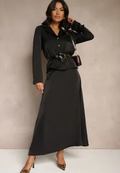 Czarna Koszula Satynowa z Małymi Wycięciami na Dole Klimea
