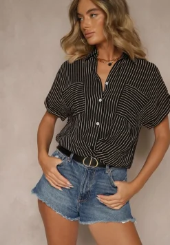 Czarna Koszula w Paski z Krótkim Rękawem Vimorina