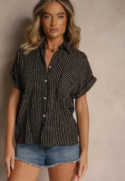 Czarna Koszula w Paski z Krótkim Rękawem Vimorina
