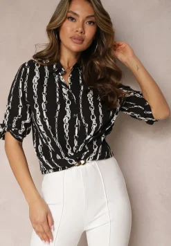 Czarna Koszula we Wzór w Łańcuchy z Bawełny i Wiskozy Brilenia