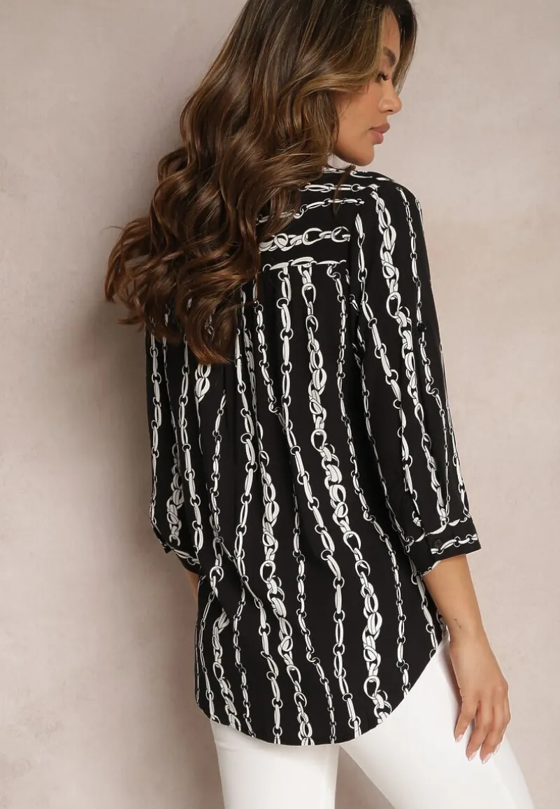 Czarna Koszula we Wzór w Łańcuchy z Bawełny i Wiskozy Brilenia