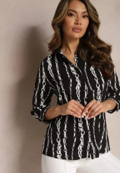Czarna Koszula we Wzór w Łańcuchy z Bawełny i Wiskozy Brilenia