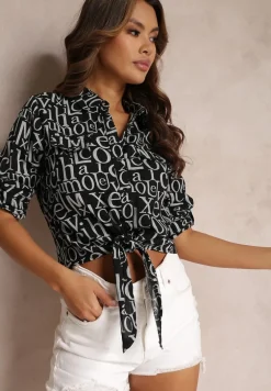 Czarna Koszula Wzorzysta z Wiązaniem Kristell