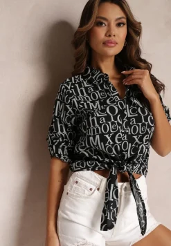 Czarna Koszula Wzorzysta z Wiązaniem Kristell