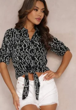 Czarna Koszula Wzorzysta z Wiązaniem Kristell
