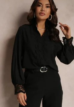 Czarna Koszula z Ażurową Stójką i Bufiastym Rękawem Nito