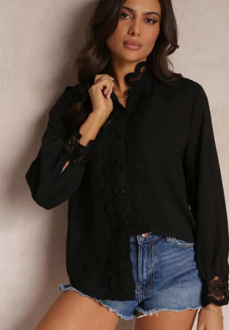 Czarna Koszula z Ażurową Stójką i Bufiastym Rękawem Nito