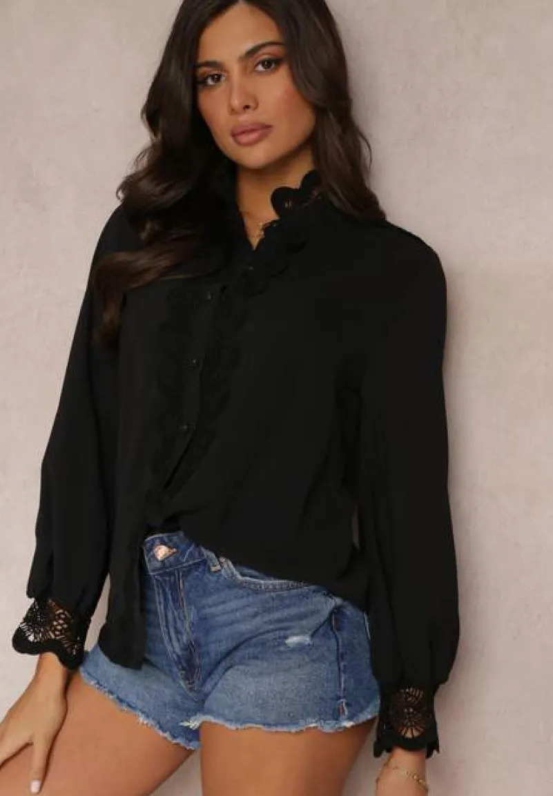 Czarna Koszula z Ażurową Stójką i Bufiastym Rękawem Nito