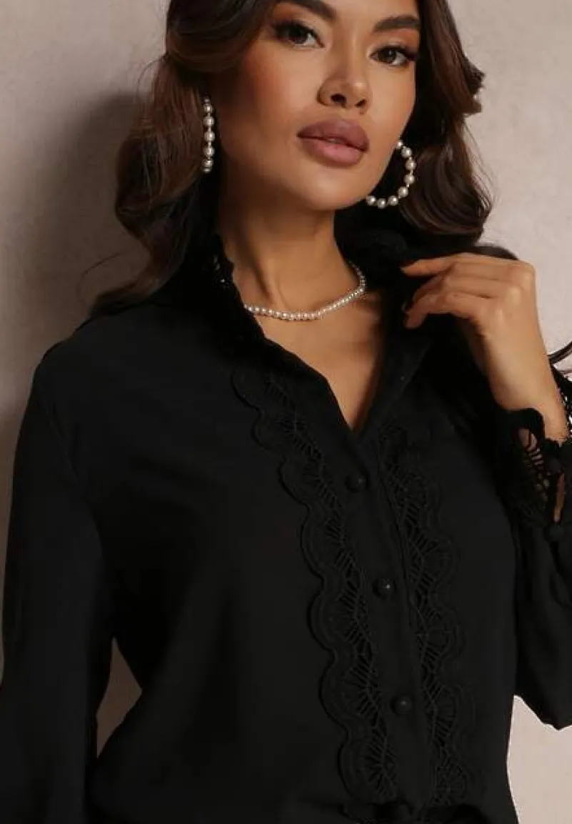 Czarna Koszula z Ażurową Stójką i Bufiastym Rękawem Nito