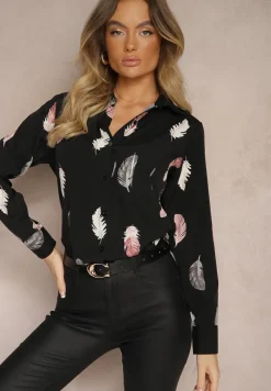 Czarna Koszula z Bawełną Ozdobiona Rękawami z Regulacją w Piórka Meriande