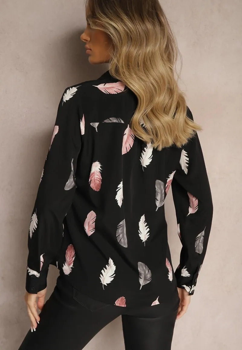 Czarna Koszula z Bawełną Ozdobiona Rękawami z Regulacją w Piórka Meriande