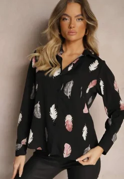 Czarna Koszula z Bawełną Ozdobiona Rękawami z Regulacją w Piórka Meriande