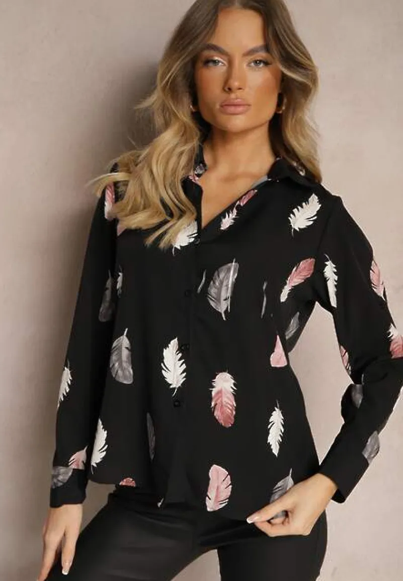 Czarna Koszula z Bawełną Ozdobiona Rękawami z Regulacją w Piórka Meriande