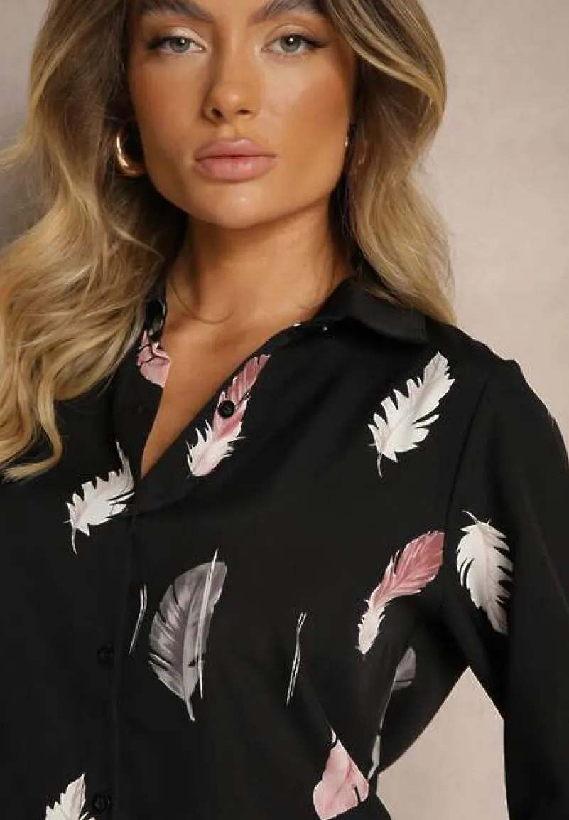 Czarna Koszula z Bawełną Ozdobiona Rękawami z Regulacją w Piórka Meriande