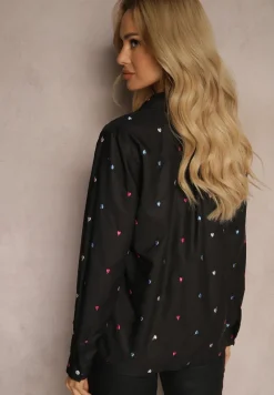 Czarna Koszula z Bawełną Wykończona Haftowanymi Sercami i Kieszonką Merinitte