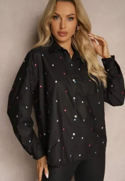 Czarna Koszula z Bawełną Wykończona Haftowanymi Sercami i Kieszonką Merinitte