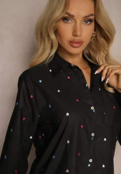 Czarna Koszula z Bawełną Wykończona Haftowanymi Sercami i Kieszonką Merinitte