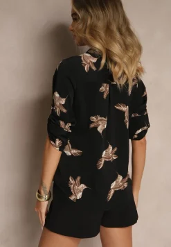 Czarna Koszula z Bawełną ze Wzorem Ptaków Lumevire