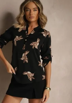 Czarna Koszula z Bawełną ze Wzorem Ptaków Lumevire