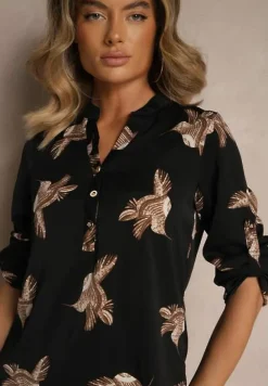Czarna Koszula z Bawełną ze Wzorem Ptaków Lumevire