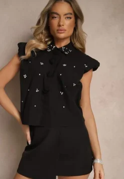 Czarna Koszula z Bawełny Ozdobiona Cyrkoniami bez Rękawów Melseki