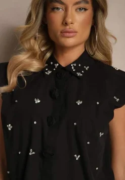 Czarna Koszula z Bawełny Ozdobiona Cyrkoniami bez Rękawów Melseki