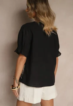 Czarna Koszula z Bawełny Ozdobiona Haftem i Srebrną Nicią Wilaravia