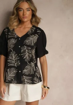 Czarna Koszula z Bawełny Ozdobiona Haftem i Srebrną Nicią Wilaravia