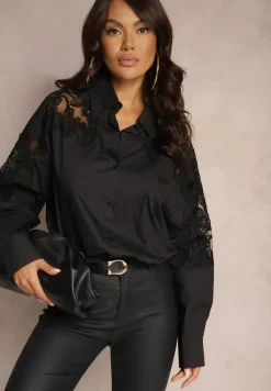 Czarna Koszula z Bawełny Ozdobiona Koronką na Rękawach Edestina