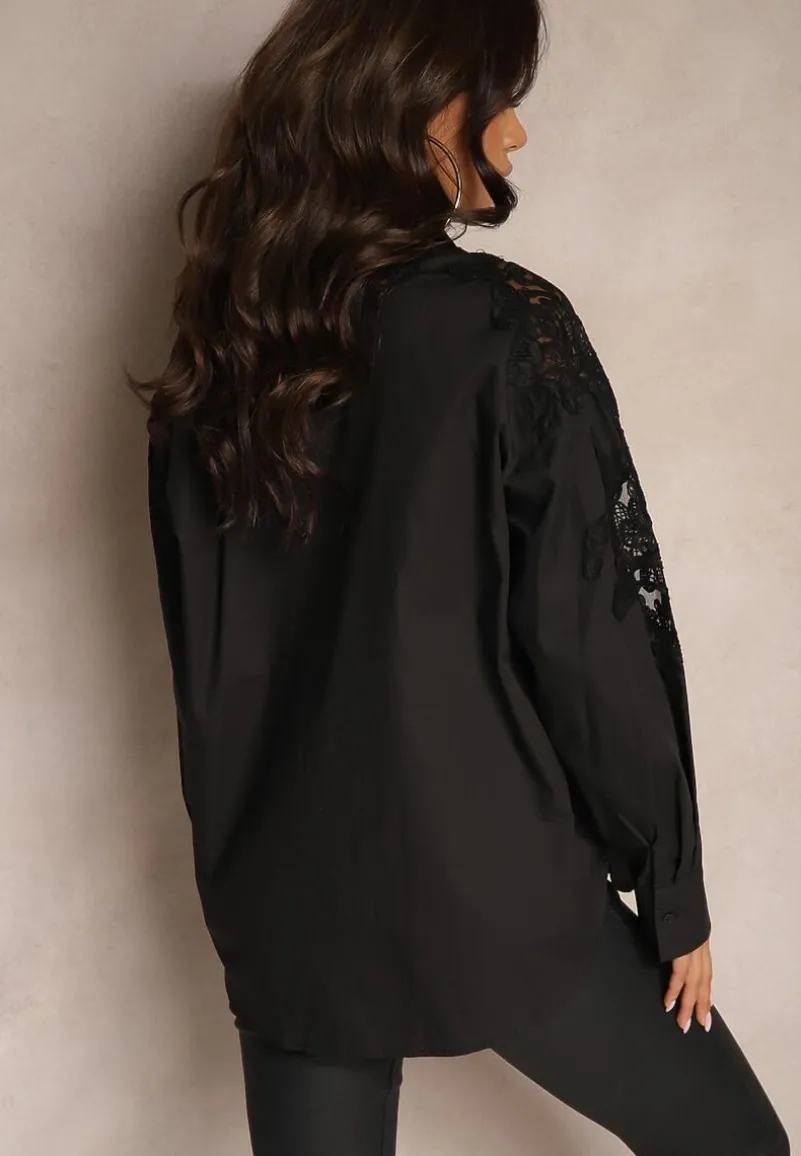 Czarna Koszula z Bawełny Ozdobiona Koronką na Rękawach Edestina