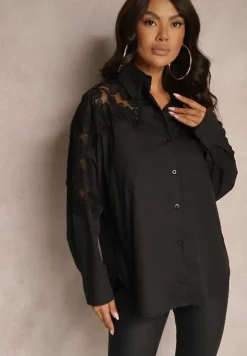 Czarna Koszula z Bawełny Ozdobiona Koronką na Rękawach Edestina