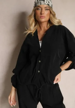 Czarna Koszula z Bawełny o Luźnym Kroju z Kapturem i Ściągaczem Felanira