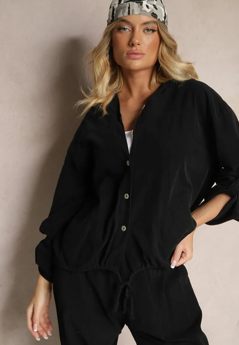 Czarna Koszula z Bawełny o Luźnym Kroju z Kapturem i Ściągaczem Felanira