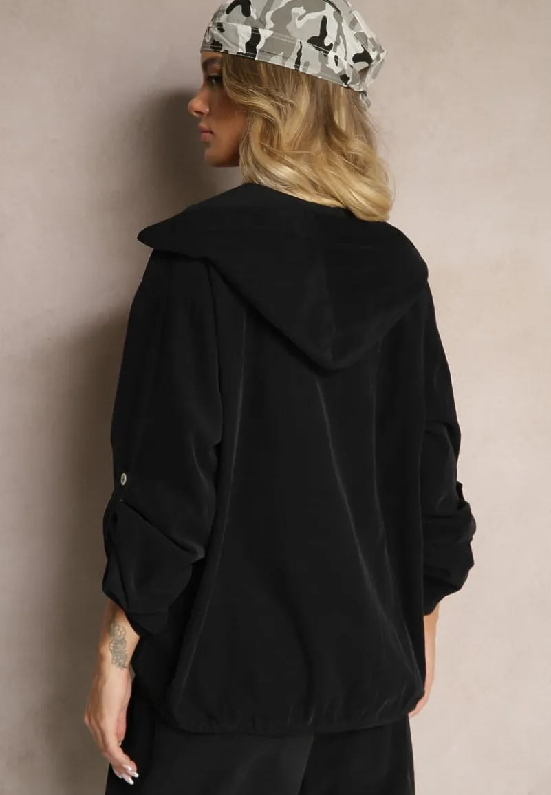 Czarna Koszula z Bawełny o Luźnym Kroju z Kapturem i Ściągaczem Felanira