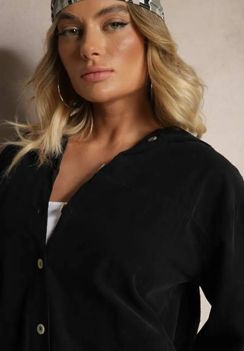 Czarna Koszula z Bawełny o Luźnym Kroju z Kapturem i Ściągaczem Felanira