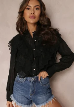 Czarna Koszula z Błyszczącą Nitką i Haftowanymi Wstawkami Daizee