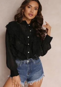 Czarna Koszula z Błyszczącą Nitką i Haftowanymi Wstawkami Daizee