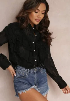 Czarna Koszula z Błyszczącą Nitką i Haftowanymi Wstawkami Daizee