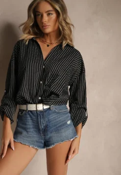 Czarna Koszula z Dodatkiem Bawełny Ozdobiona Paskami Meridria