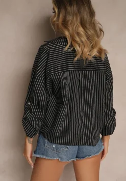 Czarna Koszula z Dodatkiem Bawełny Ozdobiona Paskami Meridria