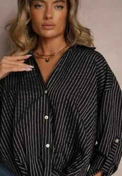 Czarna Koszula z Dodatkiem Bawełny Ozdobiona Paskami Meridria