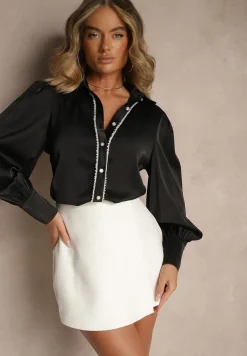 Czarna Koszula z Długimi Bufiastymi Rękawami i Koralikami Zapinana na Guziki Quileth