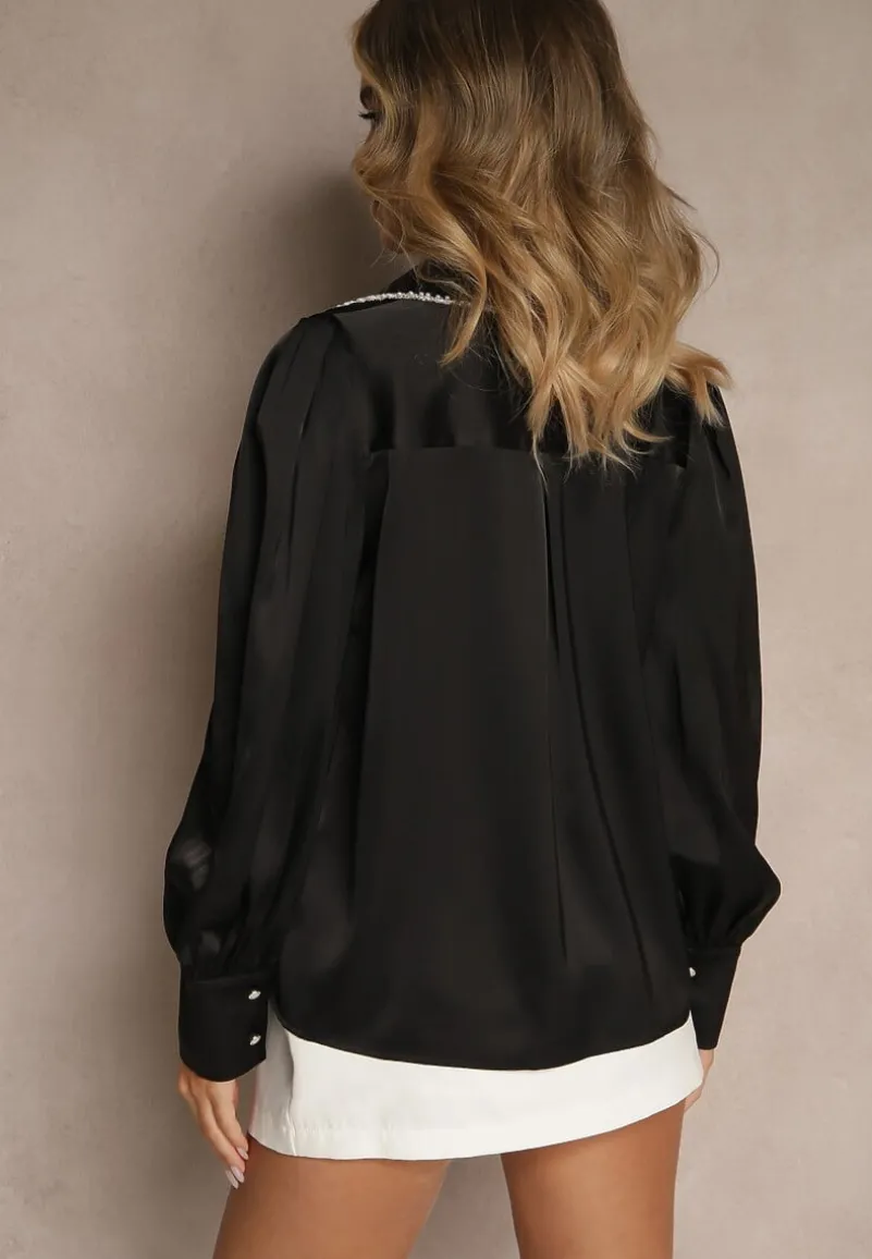 Czarna Koszula z Długimi Bufiastymi Rękawami i Koralikami Zapinana na Guziki Quileth