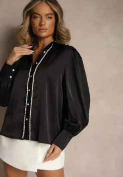 Czarna Koszula z Długimi Bufiastymi Rękawami i Koralikami Zapinana na Guziki Quileth