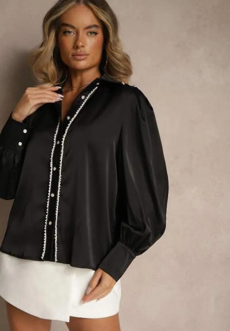 Czarna Koszula z Długimi Bufiastymi Rękawami i Koralikami Zapinana na Guziki Quileth